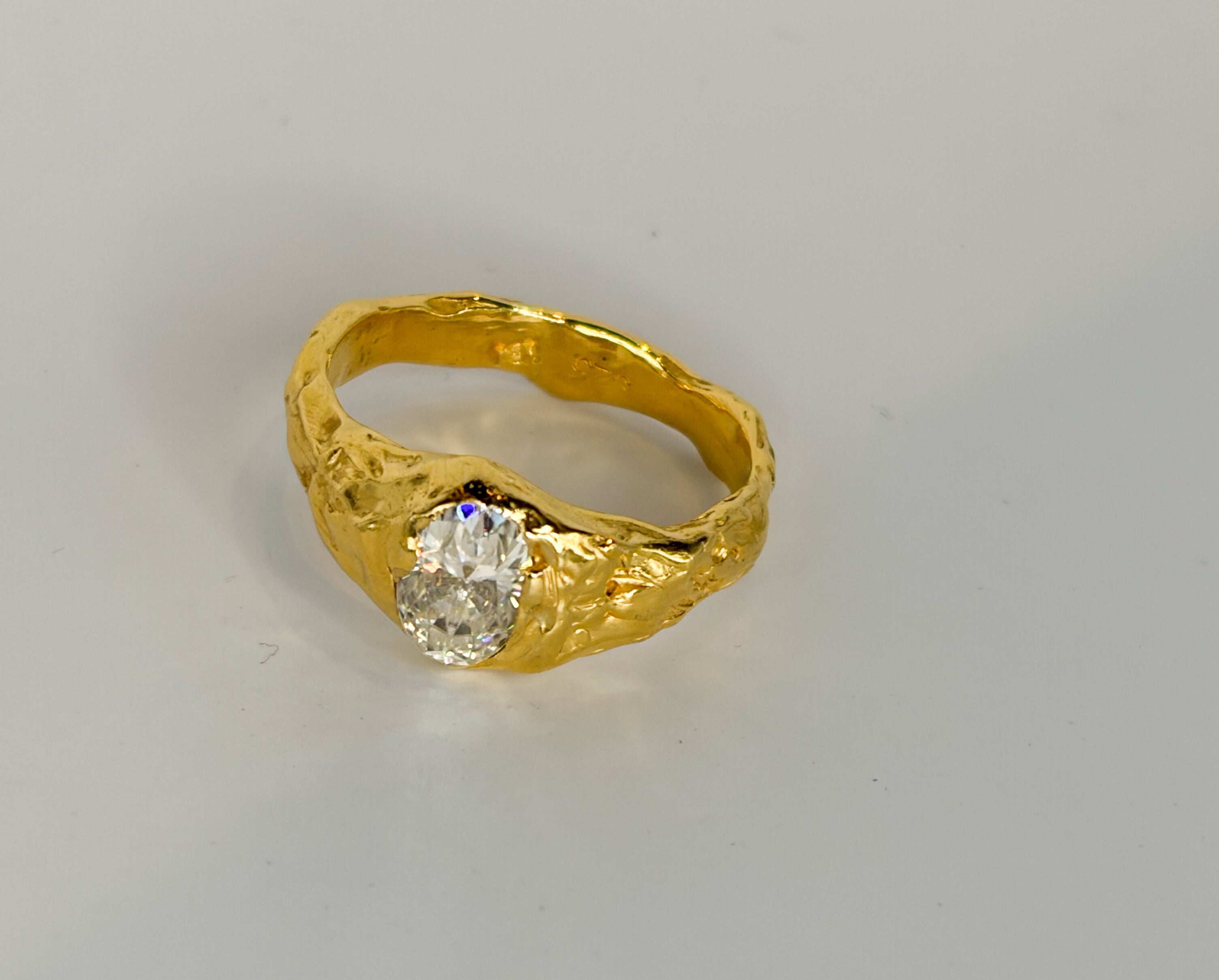 One of a kind ring in recycled 925 silver with 18K gold vermeil plating and oval moissanite stone, size 6 US / 52mm