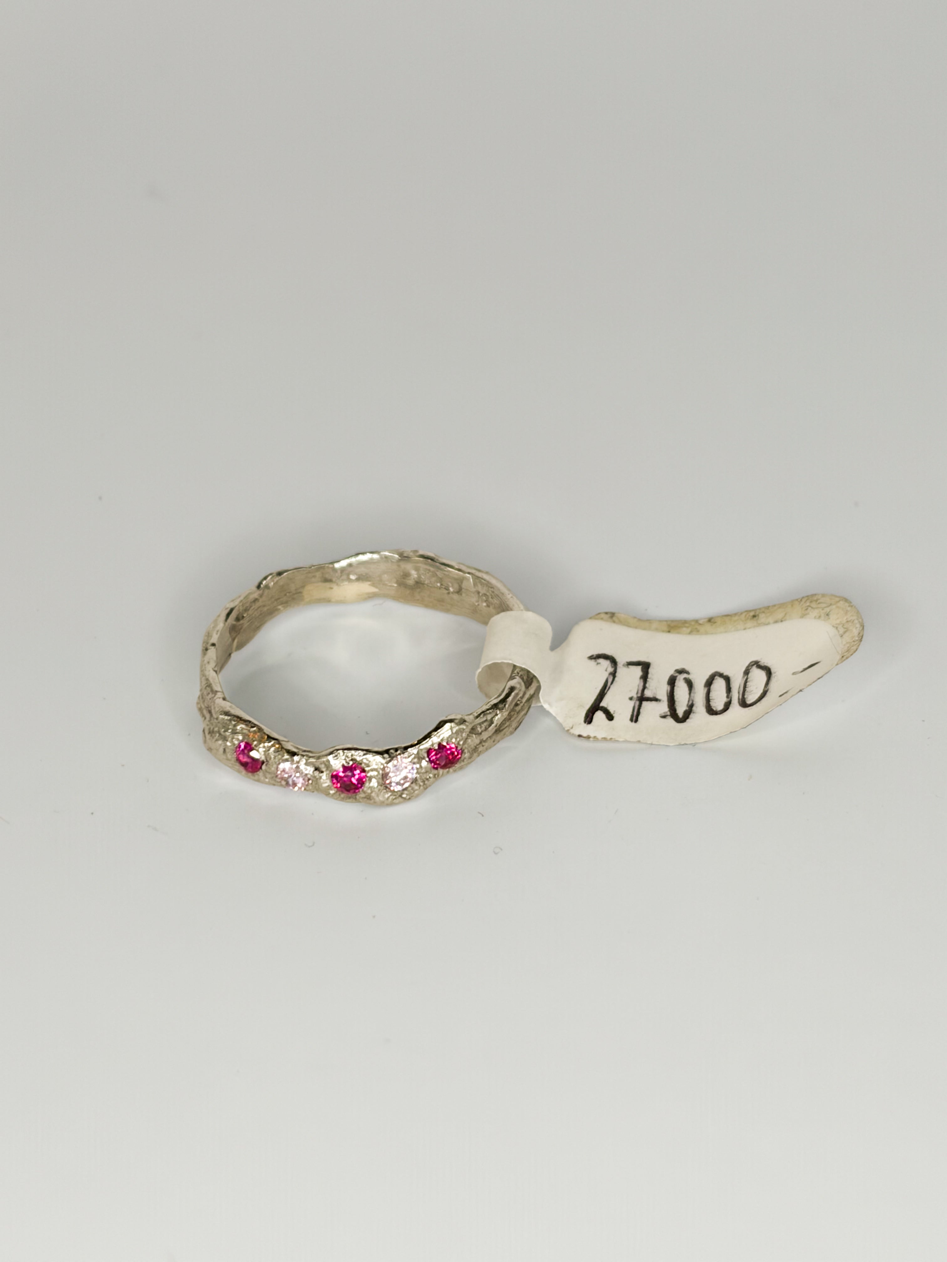 One of a kind ring in recycled 925 silver with rhodium plating and round pink cubic zirconia stones, size 7 US / 55mm