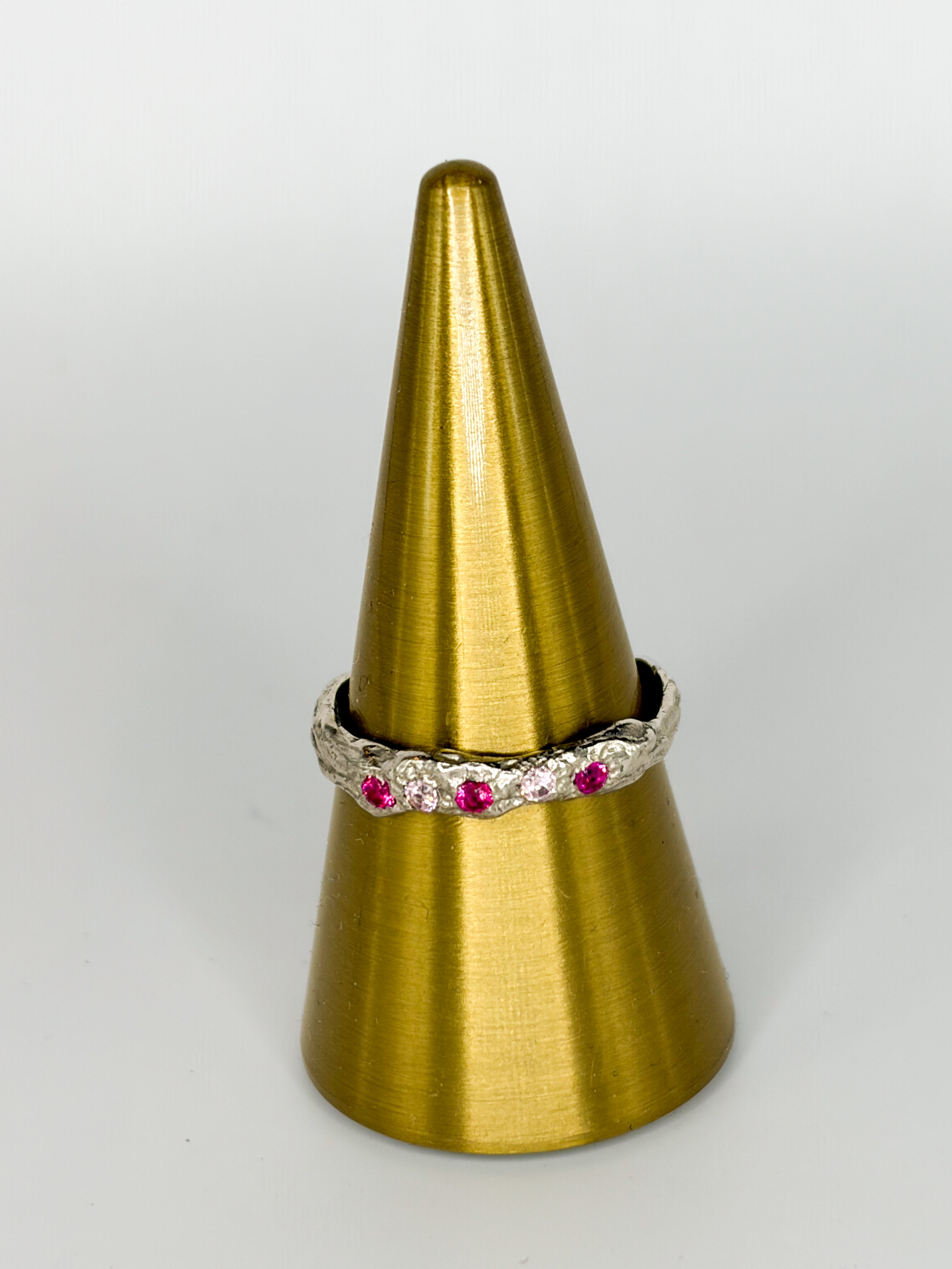 One of a kind ring in recycled 925 silver with rhodium plating and round pink cubic zirconia stones, size 7 US / 55mm