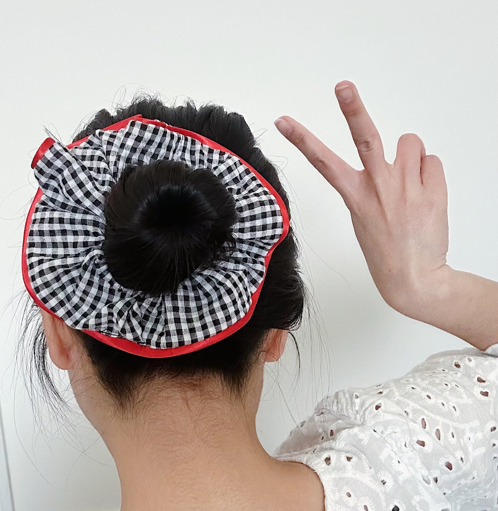 Gingham Scrunchie: Large Black and White Hair Tie with Red Satin Trim