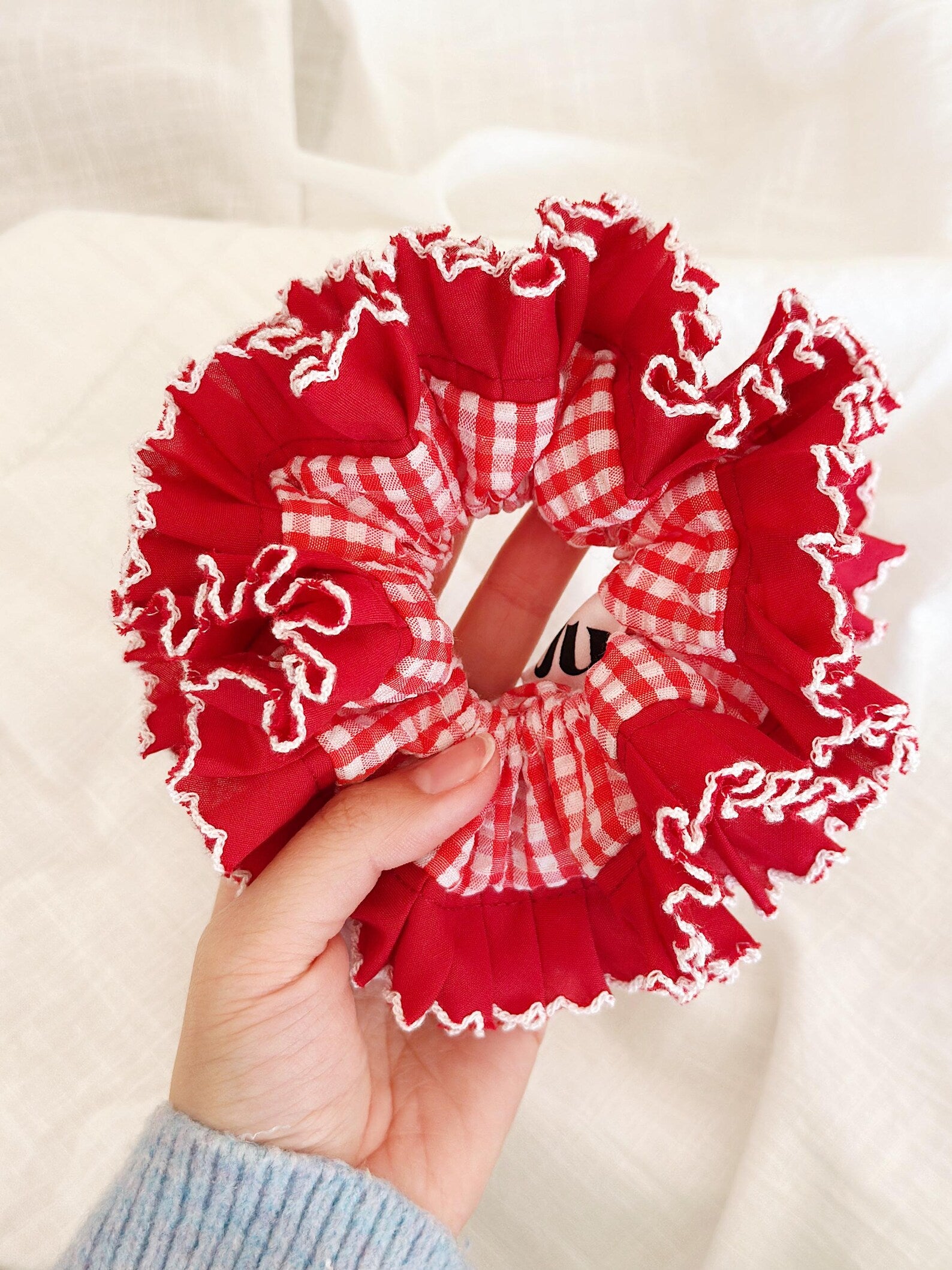 Oversized Red Gingham Scrunchies, Double layer Luxury Scrunchies