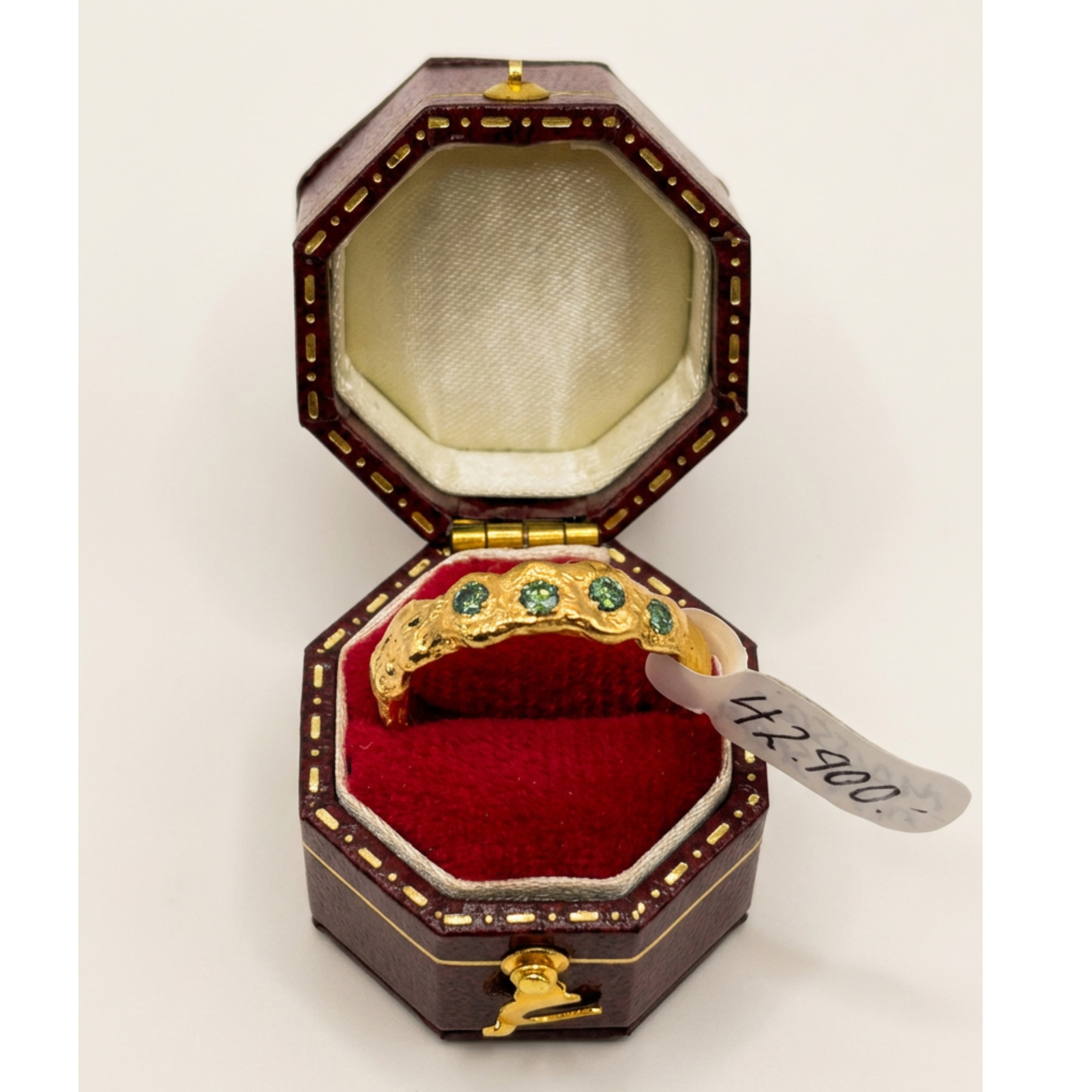 One of a kind ring in recycled silver with 18k gold plating and turquoise Moissanite stones, size 56mm, shown in jewellery box — Lilja Björk Jewellery