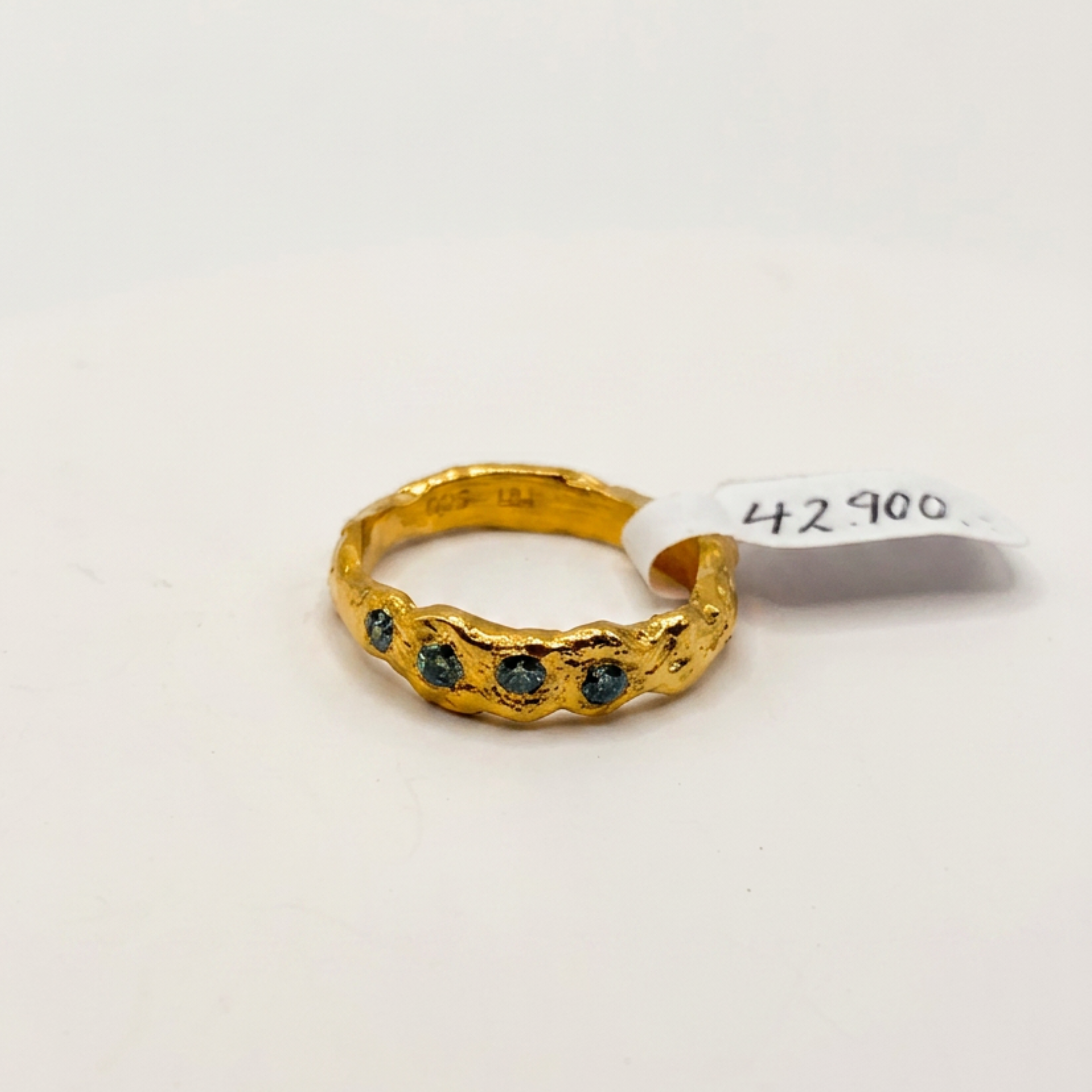 One of a kind gold plated silver ring with four turquoise Moissanite stones, size 56mm, side view — Lilja Björk Jewellery