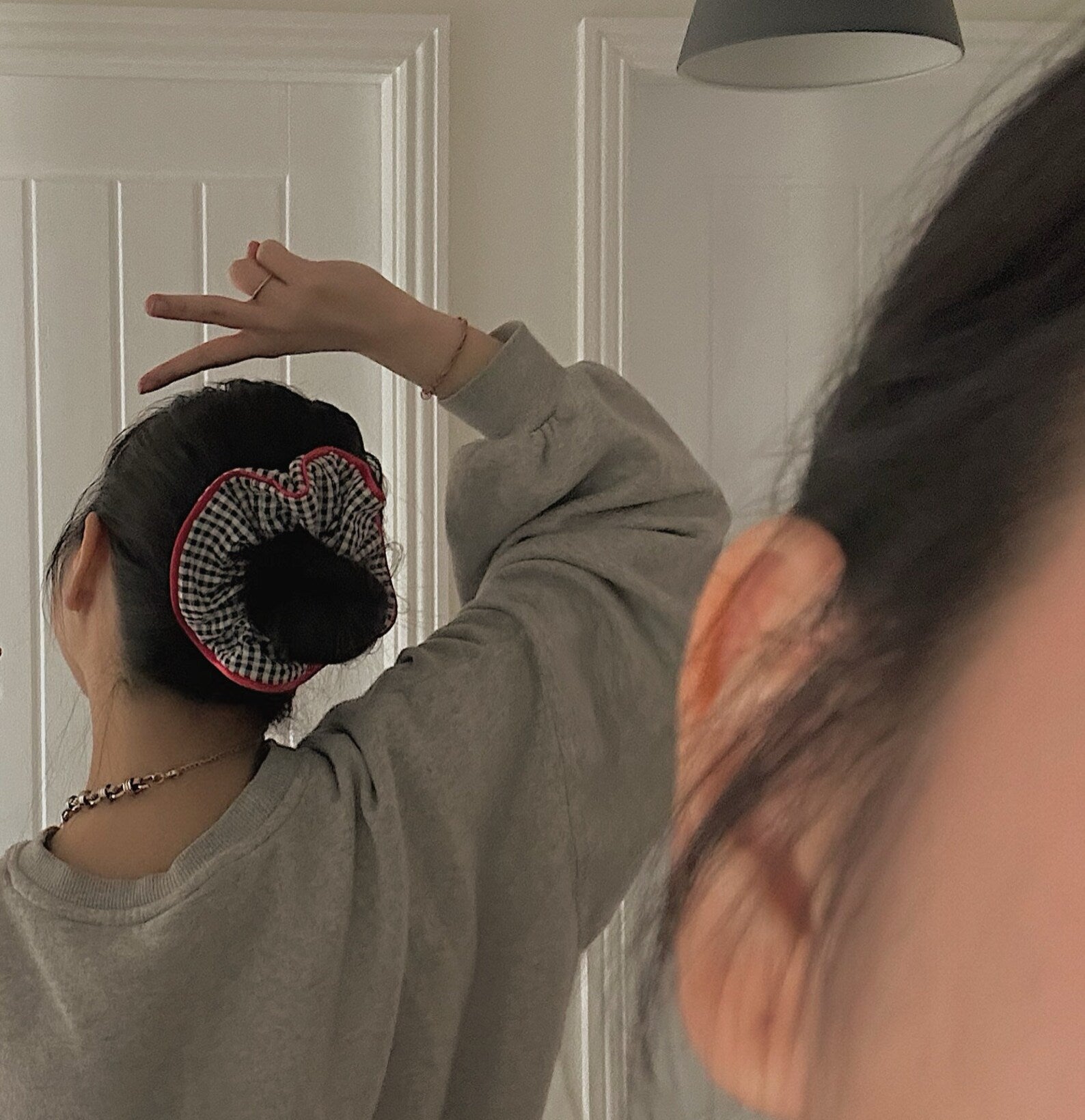Gingham Scrunchie: Large Black and White Hair Tie with Red Satin Trim